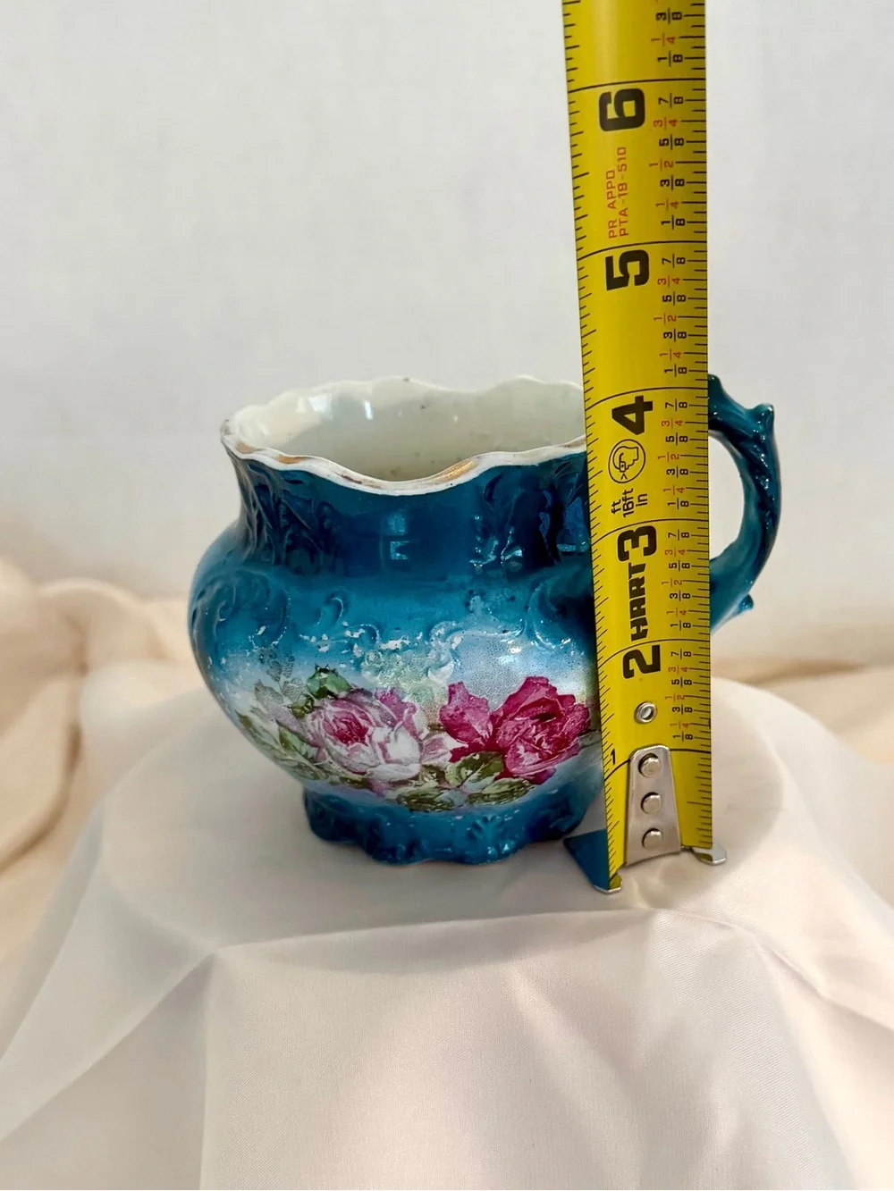 Vintage Turquoise Ironstone Creamer with Pink Rose Motif